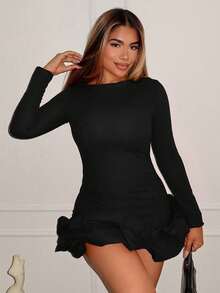 Maria Perezxox 秋冬夏季圣诞服装新年服装新年连衣裙甜美蓬蓬裙红色连衣裙优雅长袖连衣裙 - 黑色 - 查看 4