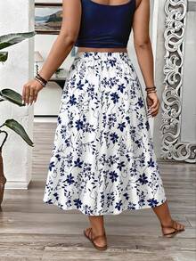 SHEIN LUNE Plus Size Women's Casual Vacation Style Allover Print Elastic Waist Skirt, Spring/Summer/Autumn - Multicolor - View 6