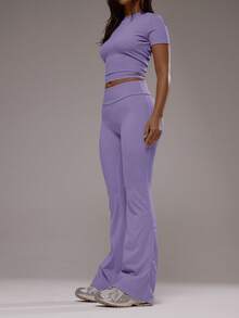 Musera Sport 运动T恤和瑜伽裤套装，适合运动健身、健身房、普拉提、日常休闲等场合，烟晶色 - 紫丁香色 - 查看 4