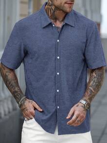 OTTIMOZO Camisa de hombre naranja con textura de jacquard - Azul - Ver 3