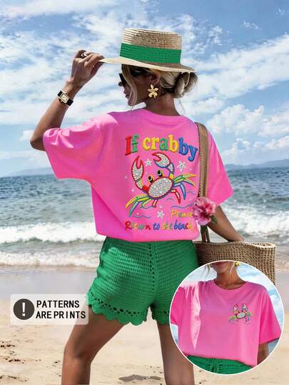 DrmWander 大码女式字母螃蟹刺绣短袖休闲T恤