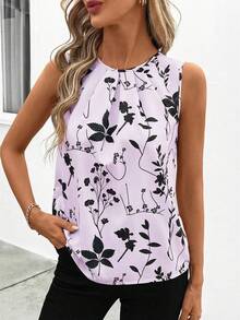SHEIN Clasi Women's Round Neck Pleated Sleeveless Fitted Khaki Black Botanical Print Blouse, Elegant For Daily Wear, Spring/Summer,Summer Top - Mauve Purple - View 7