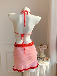 Comfortcana Women's Sexy Sweet Style Hand-Crocheted Halter Cherry Bikini Top With Tie Pom Pom Ruffle Hem Mini Skirt - Multicolor - View 2