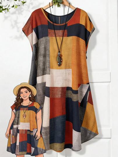 Rusticease 大码撞色印花休闲度假连衣裙