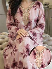 Al Najma Maxikleid in Große Größen für Damen mit Blume Muster, V-Ausschnitt und Langarm im türkischen und arabischen traditionellen Stil - Verschiedenfarbig - Übersicht 7