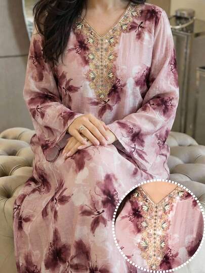 Al Najma 大码女式印花V领长袖土耳其和阿拉伯传统长裙