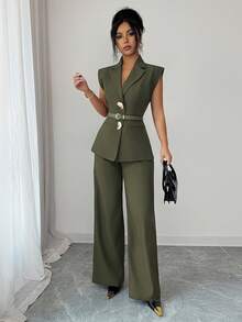 Elenzga Conjunto de traje de pantalón elegante verde oliva para mujer, blazer sin mangas con hebilla de metal & pantalones de pierna recta de cintura alta para oficina, ropa de trabajo estilo francés de otoño - Verde militar - Ver 3