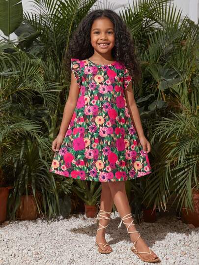 Emery Rose Kids Young Girl Chiffon Ditsy Floral Round Neck Ruffle Hem Casual Dress