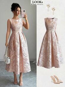 Elenzga 女士花卉提花褶皱圆领无袖优雅连衣裙 - 粉色 - 查看 9