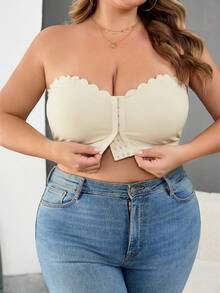 SHEIN CURVE+ 大码女装/秋季服装/女士秋季服装/女士冬季服装/大码女士前扣露脐上衣，性感修身吊带背心，女士秋季服装，冬季，大码 - 杏色 - 查看 6