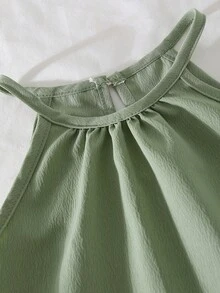 SHEIN Tween Girl Sage Green Summer Casual Elegant Tropical Vacation Solid Color Pleated Round Neck Top And Elastic Waist Wide Leg Pants Two Piece Set - Green - View 4