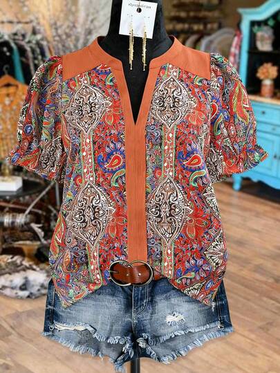 Linhara Blusa de lino con estampado retro, tipo parche, elegante, para vacaciones, festivales de música, estilo vaquero, para talla grande, primavera/verano