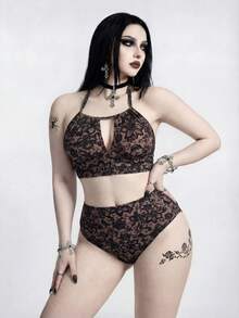 ROMWE Goth Bộ đồ bơi cỡ lớn có thể điều chỉnh, in họa tiết ren hoa tối màu cổ điển, thích hợp cho kỳ nghỉ hè, đi biển, đi lễ hội âm nhạc, bộ đồ bơi cỡ lớn. - màu đen - Xem 3