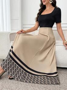 Miaspire 女士时尚休闲撞色方领短袖连衣裙 - 彩色 - 查看 5