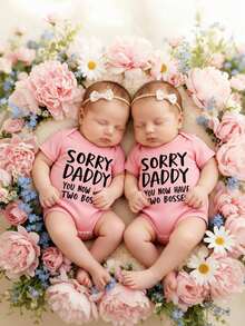 女婴新生儿可爱粉色“对不起爸爸，你现在有两个老板了”印花短袖连体衣，可爱新生儿服装，婴儿套装，春夏装，舒适休闲，女婴服装，户外，摄影，室内，节日，礼物，波西米亚风，春日气息，夏日气息，春夏套装，轻松舒适，时尚女童套装，休闲装，儿童印花服装，春夏套装，新款，轻松休闲，春日气息，轻松夏日假期 - 粉色 - 查看 7