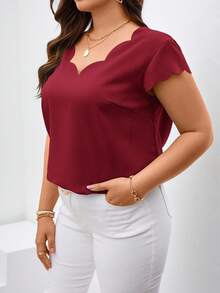 Chikora Plus Size Shell Trim Square Neck Short Sleeve Elegant Blouse - Burgundy - View 5