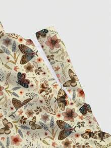 ROMWE Fairycore Đầm không tay gợi cảm cổ khoét sâu họa tiết bướm và lá phong cách Boho lãng mạn dành cho nữ - Màu be - Xem 3