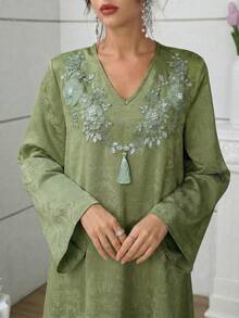 Al Najma Luxurious Embroidered & Beaded Long Sleeve Maxi Dress, Turkish & Arabic Traditional Style - Green - View 1