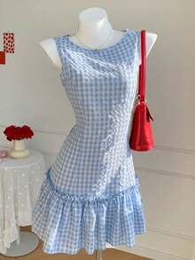 Comfortcana Đầm nữ bằng vải crepe cotton kẻ caro không tay, viền bèo nhún, kiểu dáng thanh lịch, dễ thương. - Màu xanh nhạt - Xem 3
