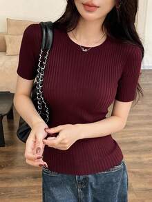 DAZY 女士修身圆领长袖毛衣 - 酒紅色 - 查看 5