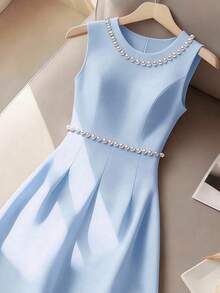 SHEIN Franclia French Pearl Collar Sleeveless Dress - Blue - View 3
