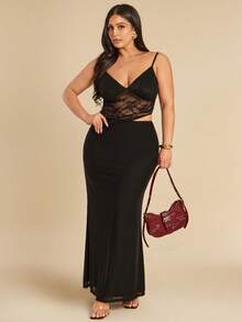 SHEIN BAE 大码女式黑色褶皱无袖基本款连衣裙 - 黑色 - 查看 3