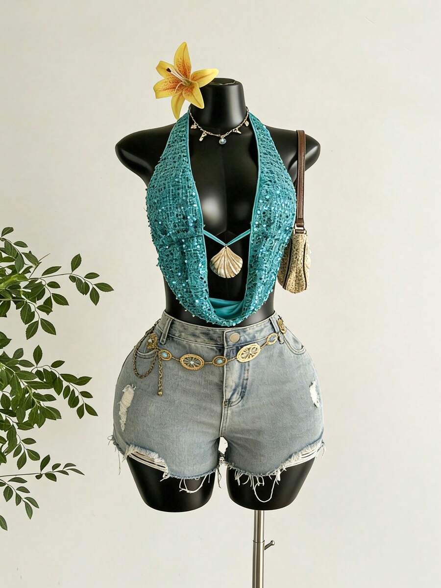 Aloruh Áo quây cổ chữ V khoét sâu màu trơn đính sequin dành cho nữ