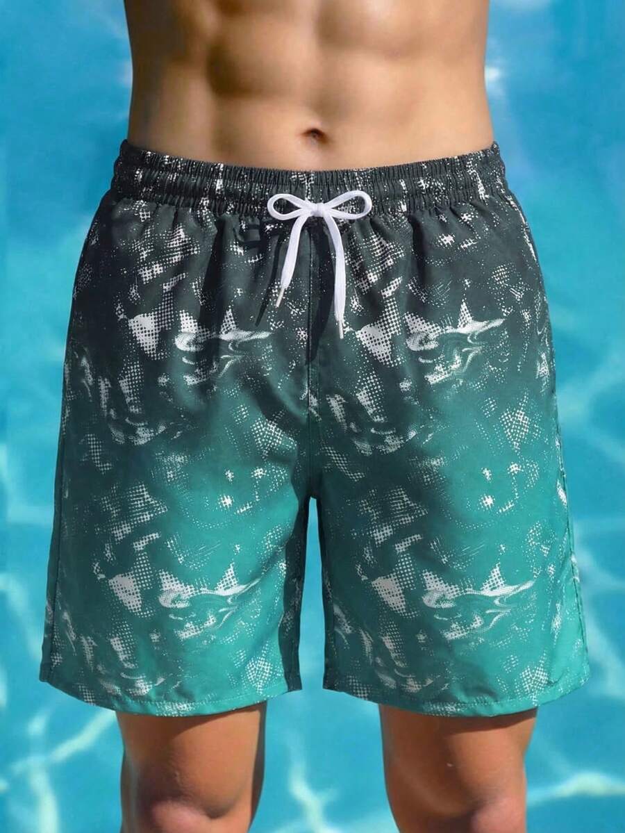 SHEIN 青少年男童弹力腰带抽绳渐变色休闲夏季百搭泳装 - 綠色 - 查看 1