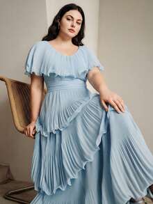 Anewsta Vestido plisado de línea A con cuello en V elegante, cintura ceñida y mangas de murciélago para mujeres de talla grande - Azul - Ver 5