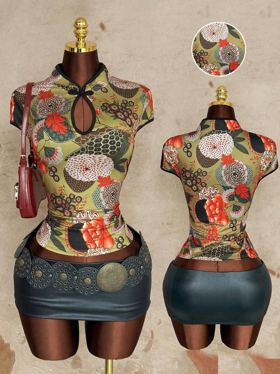 Sunspun Camisa de manga corta ajustada con cuello Mao y bloques de color, talla grande - Multicolor - Ver 1