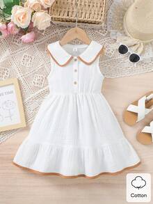 SHEIN 女童翻领无袖白色休闲连衣裙，简约乡村风可爱柔软连衣裙，女童夏季100%纯棉连衣裙 - 白色 - 查看 7