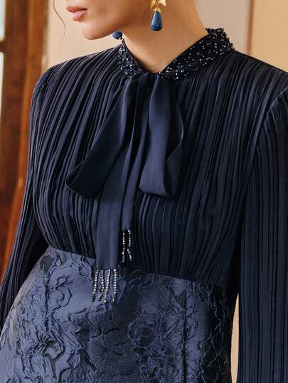 Anewsta Plus Size Women's Jacquard Chiffon Pleated Collar Beaded Dress