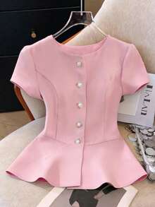 New Round Neck Pearl Button Woven Fashionable Versatile Elegant Commuting Casual Cinched Waist Spring/Summer Women Shirt - Pink - View 1