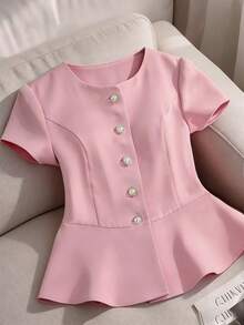 New Round Neck Pearl Button Woven Fashionable Versatile Elegant Commuting Casual Cinched Waist Spring/Summer Women Shirt - Pink - View 2