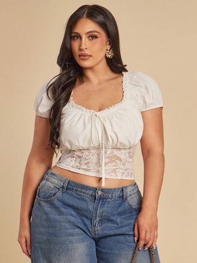 SHEIN BAE Plus Size Women's Summer Fashion Vacation Style White Heart Neck Petal Sleeve Lace Patchwork Cropped Top,Summer Tops,Summer Clothes,Tube Top,Spring Outfits For Women,Summer,Shirts,Western Outfits For Women,Going Out Top,Holiday Outfits For Women,Tops For Women,Office Wear Women,Tank Top,Vacation Outfits Women,Plus Size,Western Outfits For Women,Country Concert Outfit,Cowgirl Outfits For Women,Plus Size,Curve,White Top