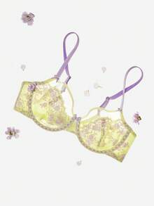 LUVLETTE Áo ngực Soft Woman Lingerie thoáng khí, có gọng, gợi cảm, không lót, giúp thu nhỏ vòng ngực, màu xanh lá nhạt và tím, ren hoa và lưới xuyên thấu, thích hợp cho đám cưới. - màu xanh lá - Xem 6