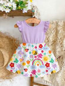 SHEIN Playful Pals 1件女童婴儿/幼儿（6个月-2-3岁）活泼俏皮的彩虹昆虫和花朵印花公主裙，饰有蝴蝶结，飘逸的荷叶袖，轻盈亮丽，适合日常穿着、上学、生日派对、野餐、儿童节、春夏秋季等场合。 - 彩色 - 查看 2