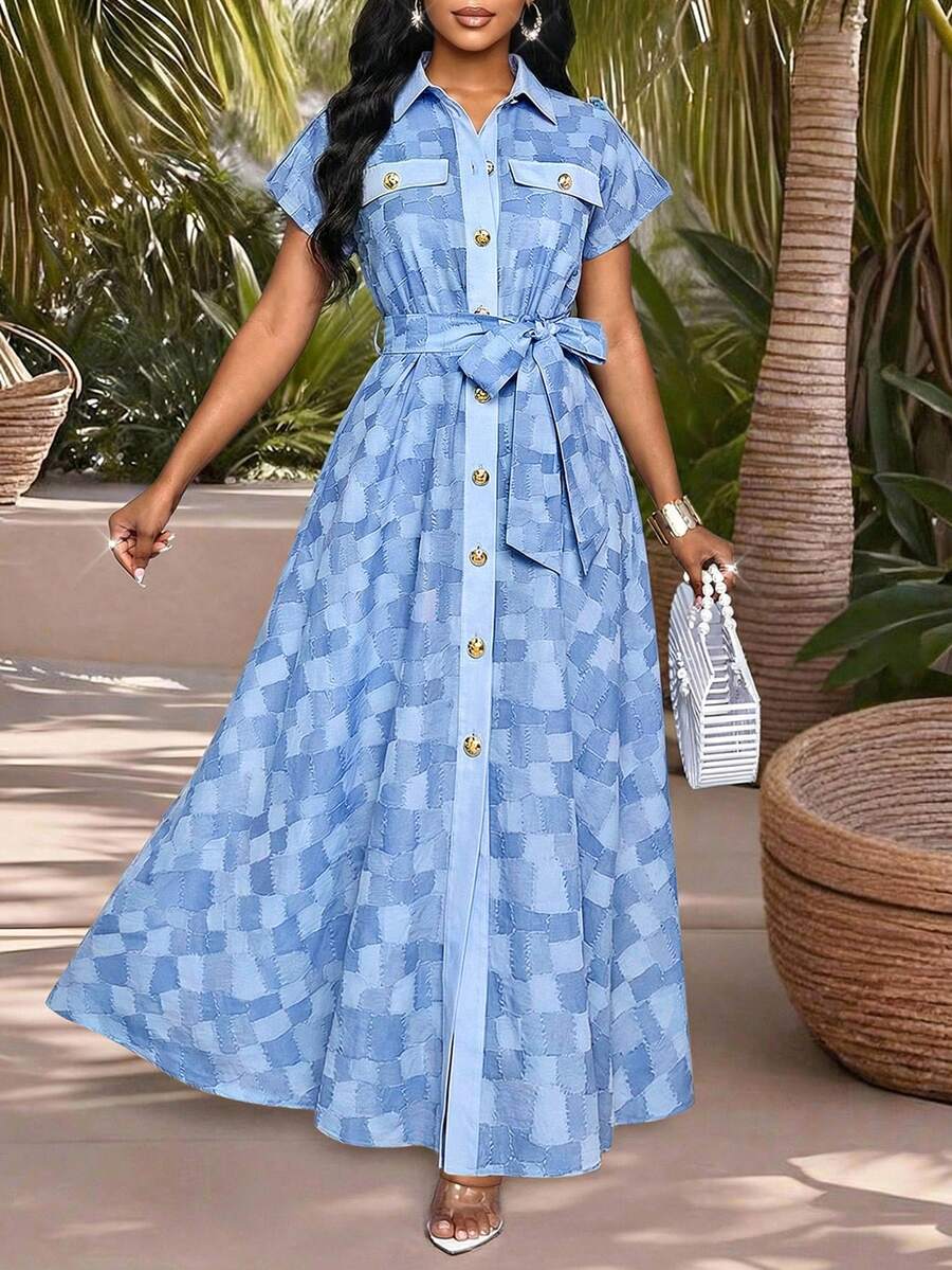 SHEIN Lady 女士格子打结褶皱腰身优雅束腰连衣裙，适合派对穿着 - 藍色 - 查看 1