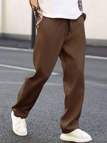 Manfinity Homme Men's Solid Color Drawstring Waist Pockets Straight Leg Casual Pants - Chocolate Brown - View 5