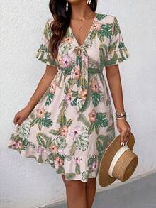 SHEIN LUNE Đầm ngắn tay cổ chữ V in hoa dành cho nữ - Màu be - Xem 4