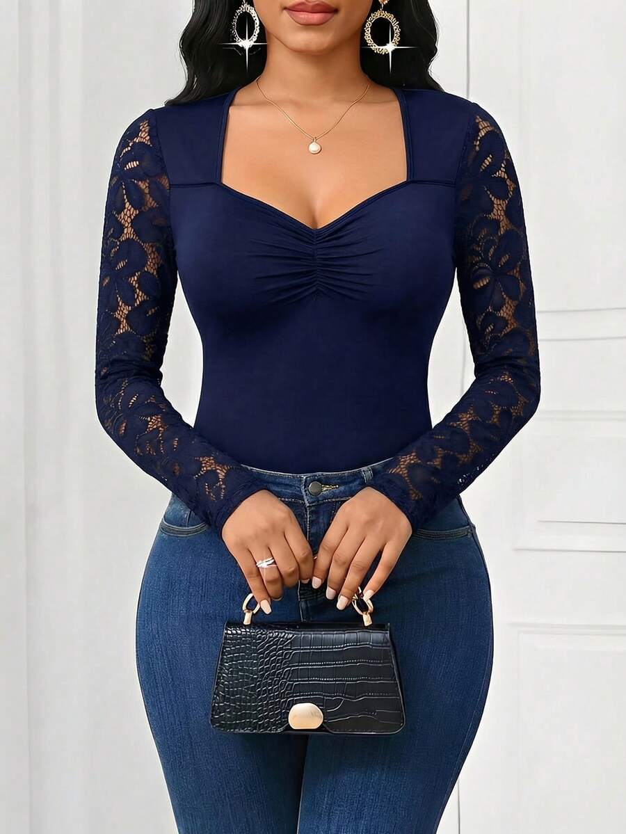 SHEIN Lady Women's Elegant Commuter Navy Blue Lace Patchwork T-Shirt - Navy Blue - View 1
