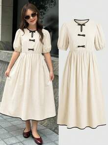 Firerie Kids Firerie Kids Teen Girls' Elegant Round Neck Petal Sleeve Bow Decor Dress - Apricot - View 1