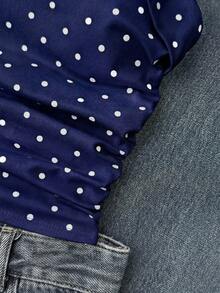 Atasan Camisole Minimalis Kasual Berkerut Motif Polkadot untuk Anak Perempuan Remaja, Cocok untuk Pemakaian Sehari-hari - Navy Blue - View 4