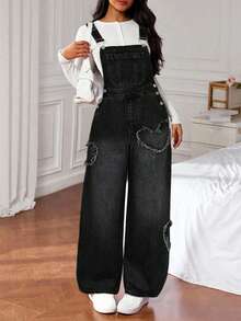 SHEIN Áo yếm denim dáng rộng họa tiết trái tim rách cho thiếu nữ. - màu đen - Xem 6