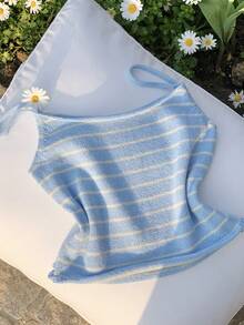 Comfortcana 女士条纹宽松休闲吊带针织上衣 - 藍色 - 查看 6