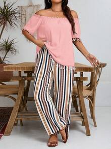 Conjunto de 2 piezas de top hombros descubiertos de unicolor minimalista y pantalones a rayas, para uso casual diario en talla grande - Rosa vieja - Ver 4
