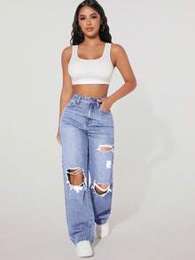SHEIN PETITE Quần jeans nữ màu trơn, kiểu dáng tối giản, rách nhẹ, thích hợp mặc thường ngày. - Màu xanh nhạt - Xem 5