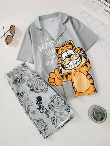 两件套休闲舒适青少年男童家居服，灰色底黄色老虎卡通印花短袖上衣和短裤 - 彩色 - 查看 3