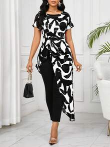 SHEIN Lady Women's Geometric Print Asymmetric Hem Round Neck Short Sleeve Casual Top - Apricot - View 3