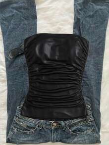 Attitoon Faux Stretch-Leather Black Pleated Strapless Top - Black - View 7